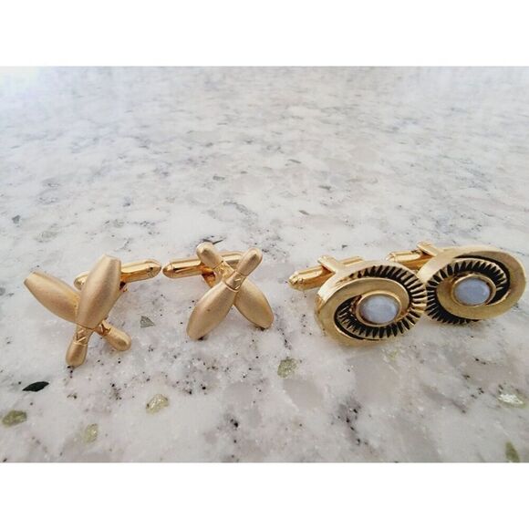 Cuff Links Lot Of 4 Bowling Pins Faux Emerald Etc Vintage Gold & Silver Tone - Picture 3 of 9